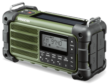 Load image into Gallery viewer, Sangean MMR-99FG Multi powered tramping, camping, outdoor emergency radio with torch and battery bank. Forest Green