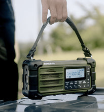 Load image into Gallery viewer, Sangean MMR-99FG Multi powered tramping, camping, outdoor emergency radio with torch and battery bank. Forest Green